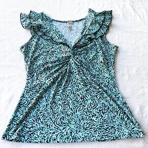 Vintage Y2K Black Teal Abstract Print Ruffle Sleeve Top | Boho Indie Sleaze